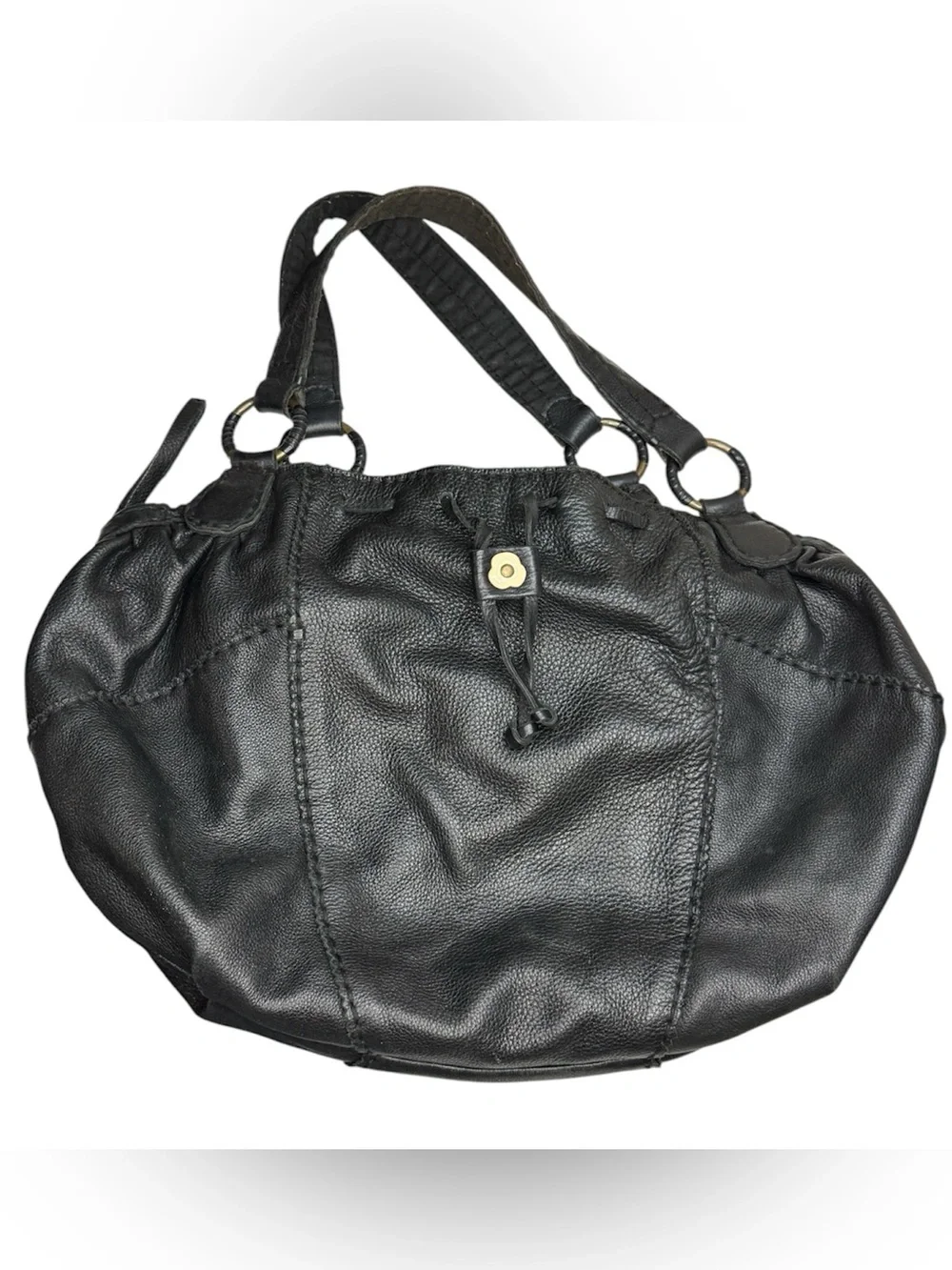 Lucky Brand Y2K Black Leather Drawstring Flower Hippie Hobo bag